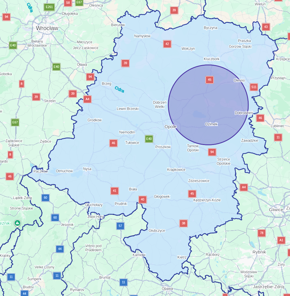 Mapa bezpłatnej dostawy do 20 km od Kadłuba Turawskiego